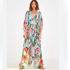 Farm Rio Womens XS Blue Tropical Parrot Print V-Neck Maxi Dress Kimono Sleeve