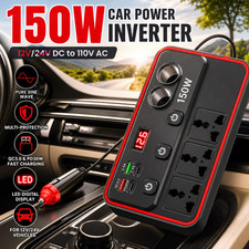 150W Car Power Inverter DC 12V/24V to AC 110V Converter 2USB 3 Sockets QC3.0 LED