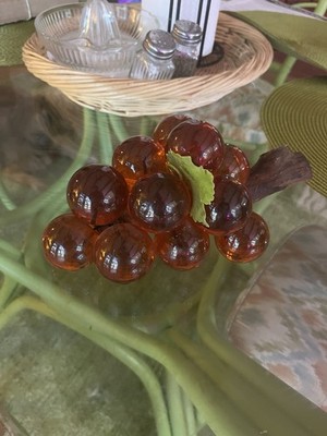 Vintage MCM Amber Orange Lucite Grape Cluster Bunch with Leaves and Wood Stem