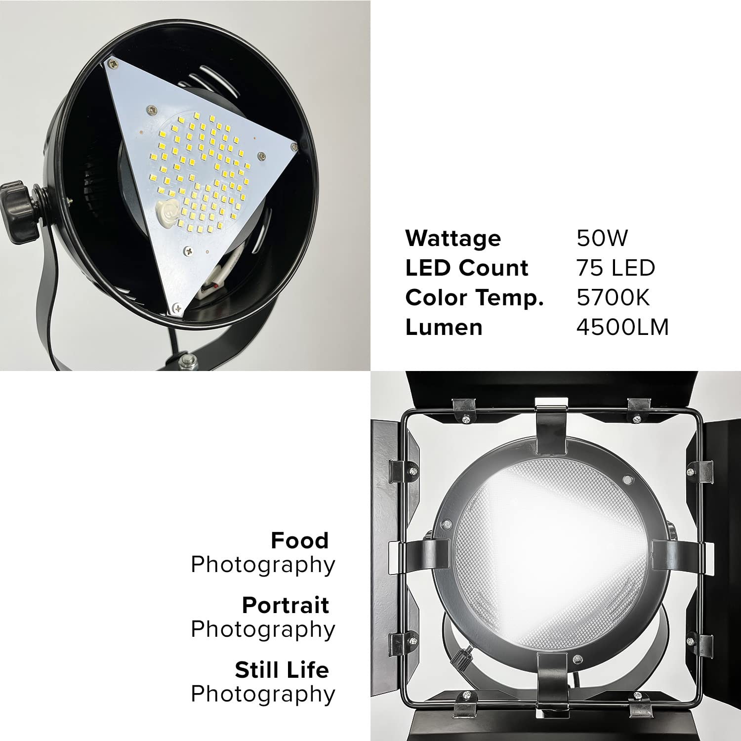 Julius Studio LED Continuous Output Light with Barndoor, 75 LED Beads, 5700K,