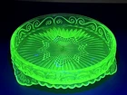 Vintage Depression URANIUM Glass Round 6.25" Green Footed Vanity Tray!
