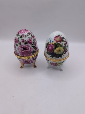 Vintage Ceramic Floral 3 Footed Egg Gold Hinged 4'' H Trinket Boxes Set Of 2