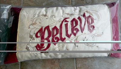 Hallmark Believe Christmas Pillow Velvet Red White Embroidered Holiday Lumbar
