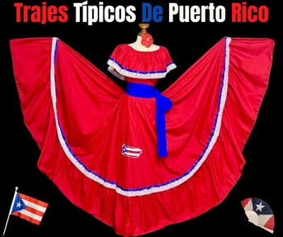 Traje Típico Bandera Puerto Rico Jíbara   Vestido Rojo Falda Circular 3Pc