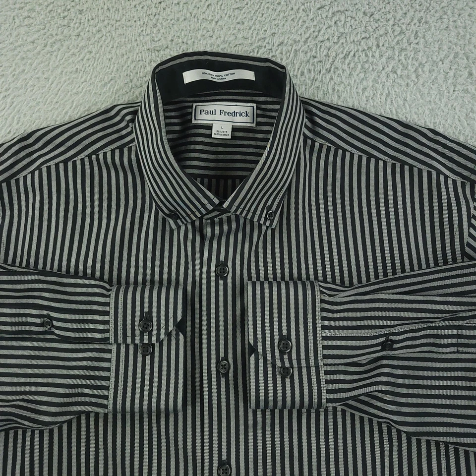 Camisa Paul Fredrick Para Hombre Grande Negra Gris Rayas Calce Ajustado Sin Planchar Abotonada Foto 2 de 4