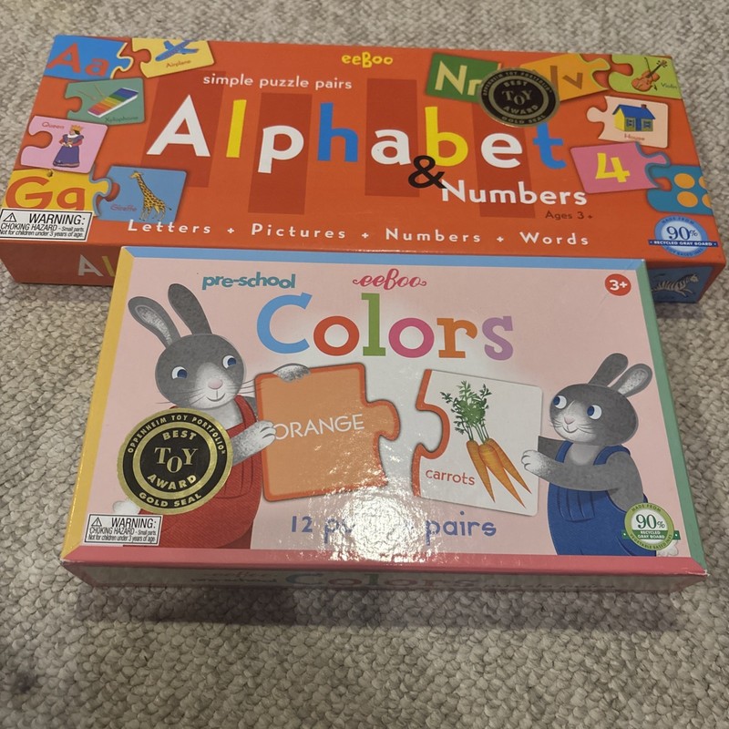 2 eeboo Puzzles -Alphabet & Numbers Pairs And Color-Oppenheim Gold Seal Best Toy