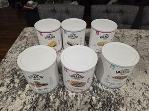 LOt 6x #10 Cans Augason Farms Assortment Vegetable Stew, Teriyaki Fried Rice Etc
