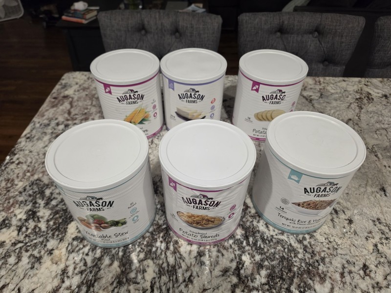 LOt 6x #10 Cans Augason Farms Assortment Vegetable Stew, Teriyaki Fried Rice Etc