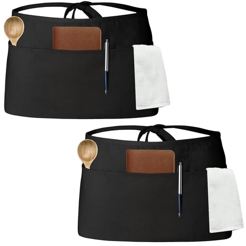 2 Pack Server Aprons with 3 Pockets, Waitress Waiter Waist Apron for Women Me...
