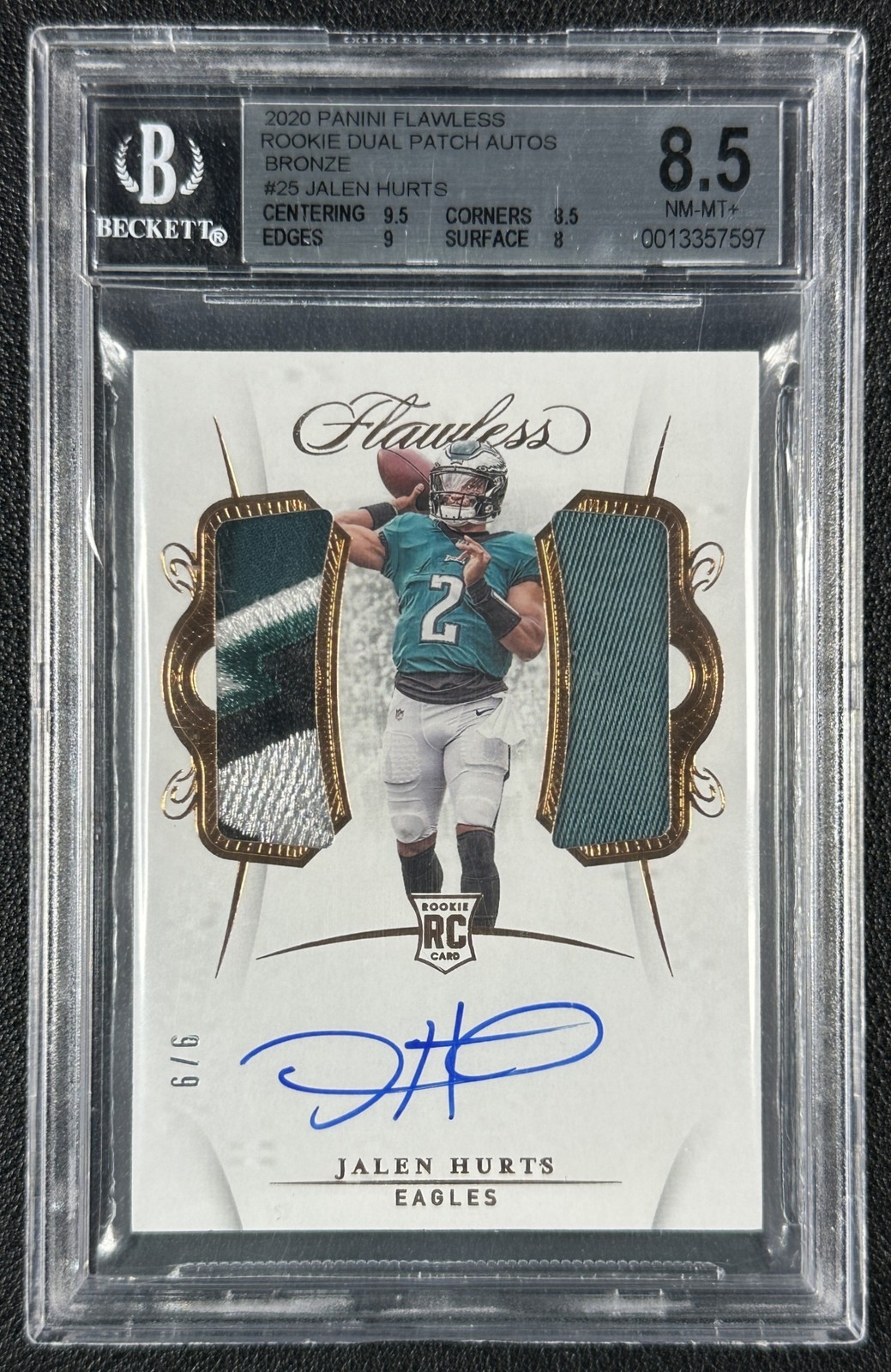 JALEN HURTS BGS 8.5 2020 PANINI FLAWLESS ROOKIE DUAL PATCH 10 AUTO BRONZE RC 6/6