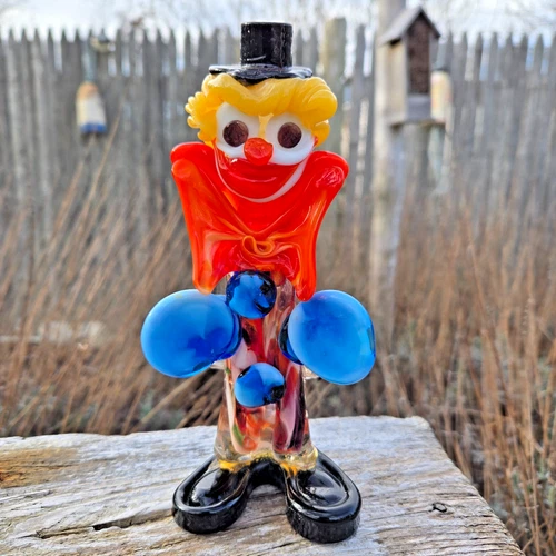 Hand Blown Art Glass Clown Figurine Vintage Murano Style Colorful Collectible 8"