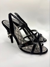Sandalias de tacón Chanel 37,5C charol terciopelo negro Japón envío gratuito USADAS