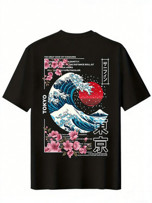 Tokyo Great Wave Off Kanagawa T-Shirt Japanese Art Sakura Graphic Tee，Back Print