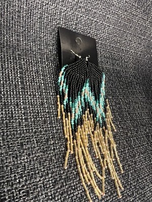 Native American Blue Black Gold  Tail Beaded Hook Dangle Earrings  