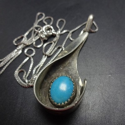 Laguna Pueblo OPAL PAQUIN Hand Stamped SterlingSilver TURQUOISE Teardrop PENDANT