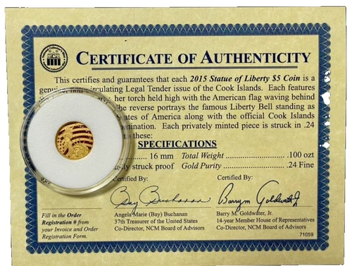2015 Liberty $5 Cook Islands Gold 1/10 Oz. of 24% Pure .0239 AGW w/COA