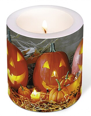 Kerze ''Pumpkin King'' Halloween Ø=9 cm Kürbis-Gesicht Stumpe*Tisch-Deko