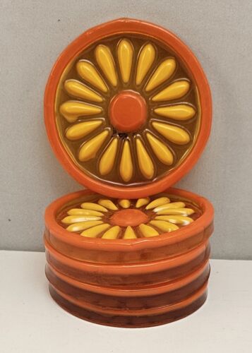 Vintage Colorflo Lucite Coasters Orange Yellow Daisy Flower Set Of 5 - Picture 1 of 9