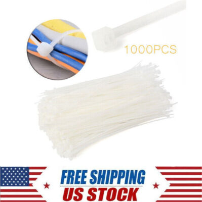 8'' inch 1000 PCS Pack Network Cable Cord Wire Tie Strap Zip Nylon White US Store