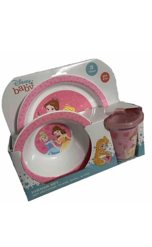 Juego de 3 piezas de cena princesa bebé niña Disney sin BPA, plato, cuenco y taza. Rosa Foto 3 de 4