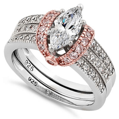 Sterling Silver Two-tone Rose Gold Clear Marquise CZ Set Ring Size 6 New