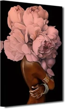 African American Wall Art Pink Flower on Black Women Head Vintage Canvas Art Pai