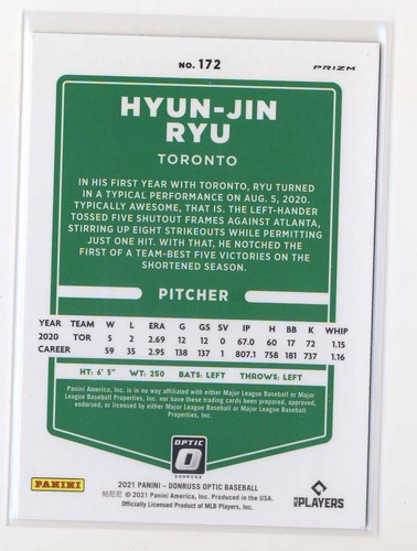 2021 Donruss Optic Lime Green #172 Hyun-Jin Ryu Toronto Blue Jays BX8 - Picture 2 of 2
