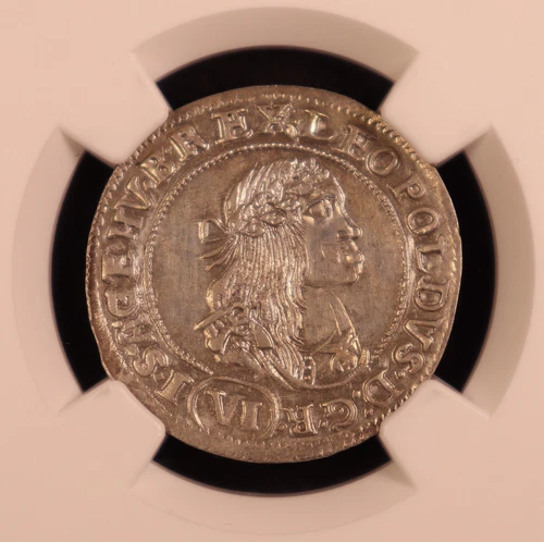 1671-KB "Leopold I" Hungary Silver 6 Krajczar - NGC MS62 -Exceptional Strike! PQ