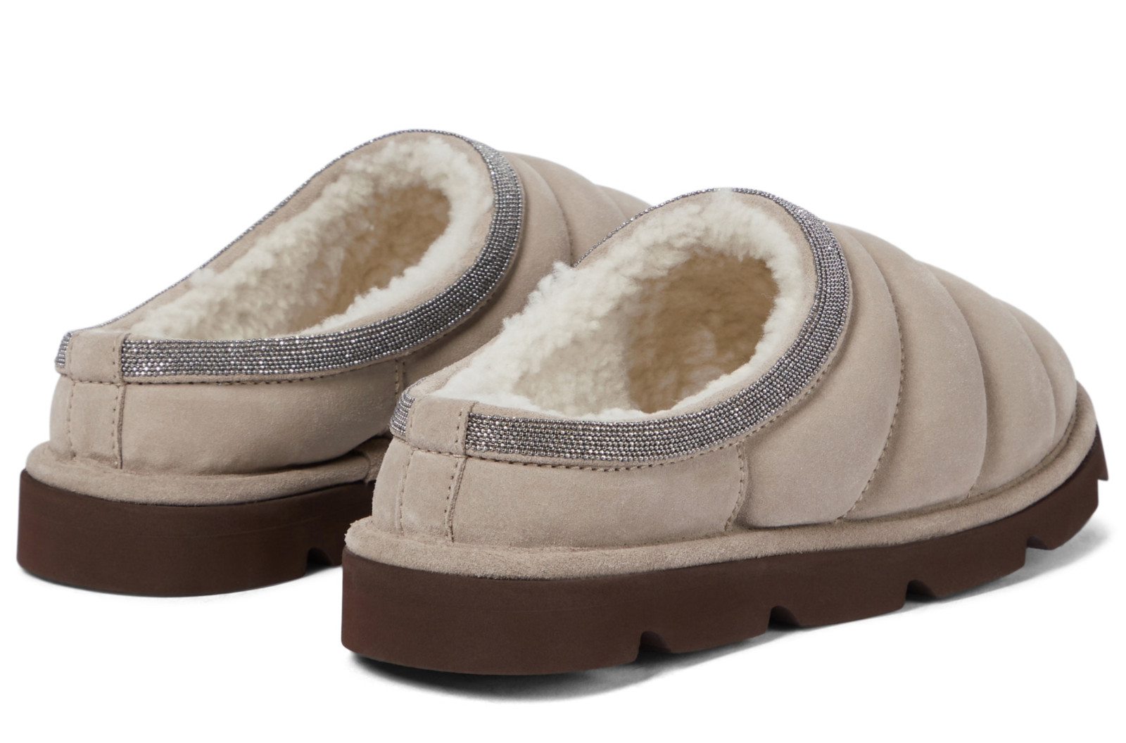Brunello Cucinelli Quilted Suede Shearling Slippers Beaded Shoes Mules 35