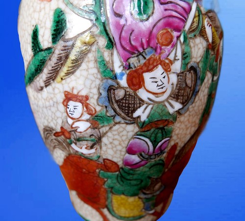 Antique Japanese Warriors Meiji crackle vase with base mark 12" Circa 1900 - Picture 8 of 23