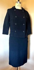Vtg MCM 1960s 2 piece wool knit SUIT pencil skirt, Dble Breast BLACK, by BEELINE