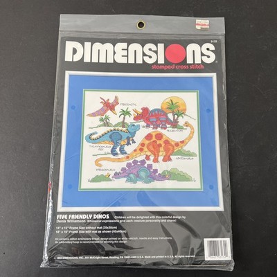 Vtg Dimensions ''Five Friendly Dinos'' Stamped Cross Stitch Kit 1993 Rare! New NOS