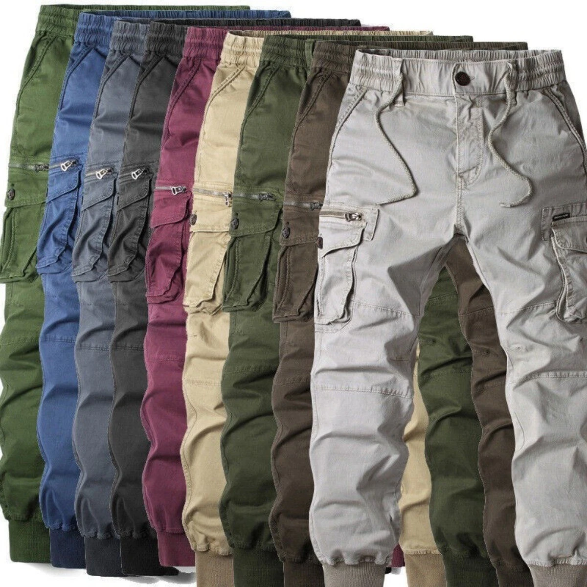 Mens Elasticated Waist Cargo Combat Work Trousers Pocket Cuffed Pants Joggers