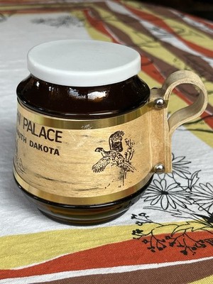 VTG 70s Kitsch Corn Palace South Dakota Nostalgic Souvenir Amber Glass Mug & Lid