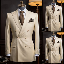 Beige 2Pcs Men's Suits Peak Lapel Double Breasted Jacket Business Formal Coat