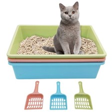 Kathson 3PCS Medium Open Cat Litter Box with Scoop, Durable Non-Stick