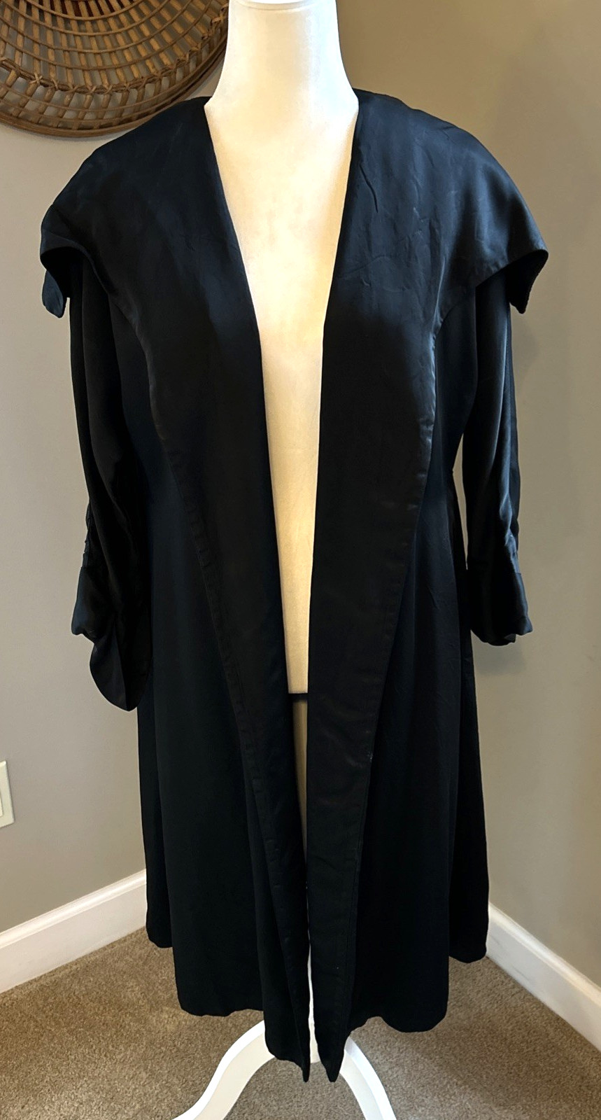Stunning VTG Lilli Diamond of CA Duster Opera Coat Open Black Silk Pockets