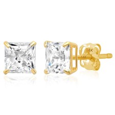 14k Yellow Gold Princess Cut CZ Earring for Women Men Cubic Zirconia Squa...