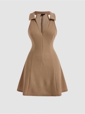 Sleeveless Collared Halter Neck Fit-and-Flare Dress in Camel by SHEIN