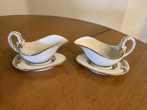 2 White & Gold Leaf Porcelain Sauce Gravy Boats w/ Underplate Cradle Lefton 6959