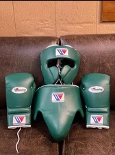 Winning Boxing Gear Set Gloves Headgear Groin Protector green  Genuine Leather.