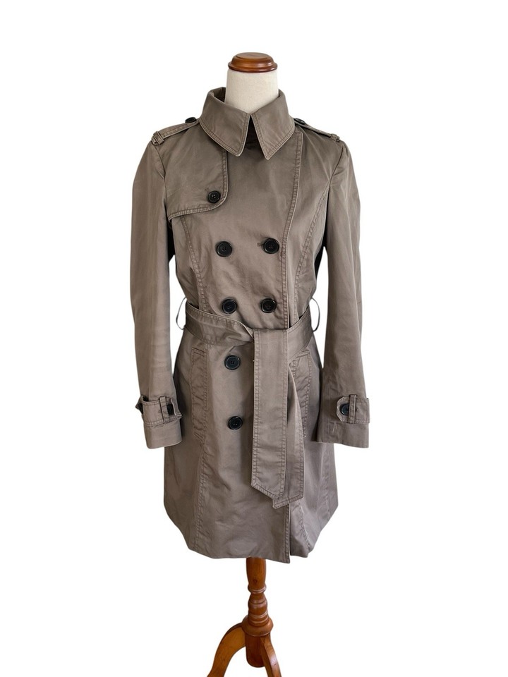 Zara Trench Coat Size 10 Dark Taupe Double Breasted Front Contrast Buttons Belt