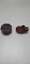 Antique Japan Tea Ceremony Incense Containers Zitan Wood Bird Motif Set of Two