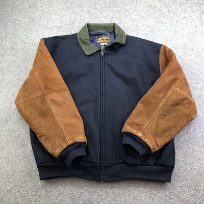 Vintage Eddie Bauer Jacket Mens Large Blue Wool Leather Bomber