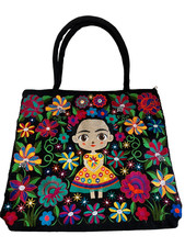 Baby Frida Kahlo Tote Bag Embroidered Floral Design Shoulder Bag Travel Colorful