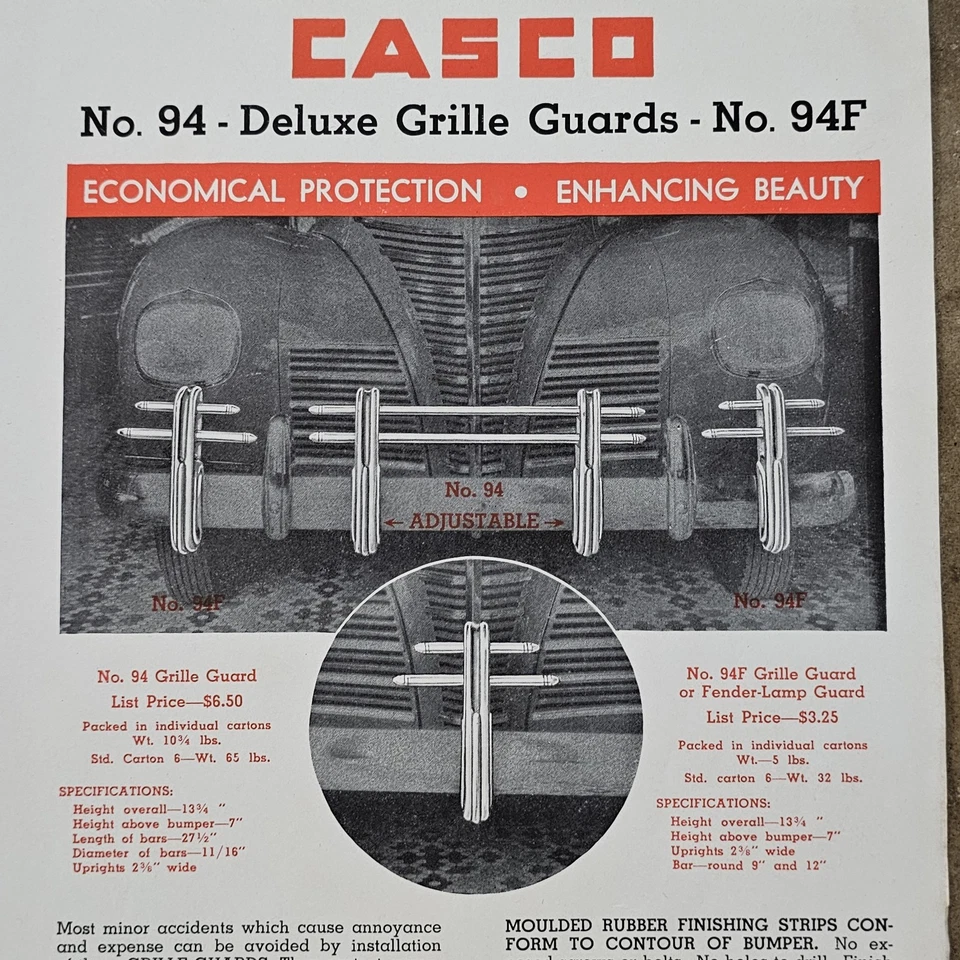 CASCO Vintage 1939 Distribuidor Folleto Accesorio DeLuxe PROTECTOR DE PARRILLA parachoques GM chevy Foto 3 de 4
