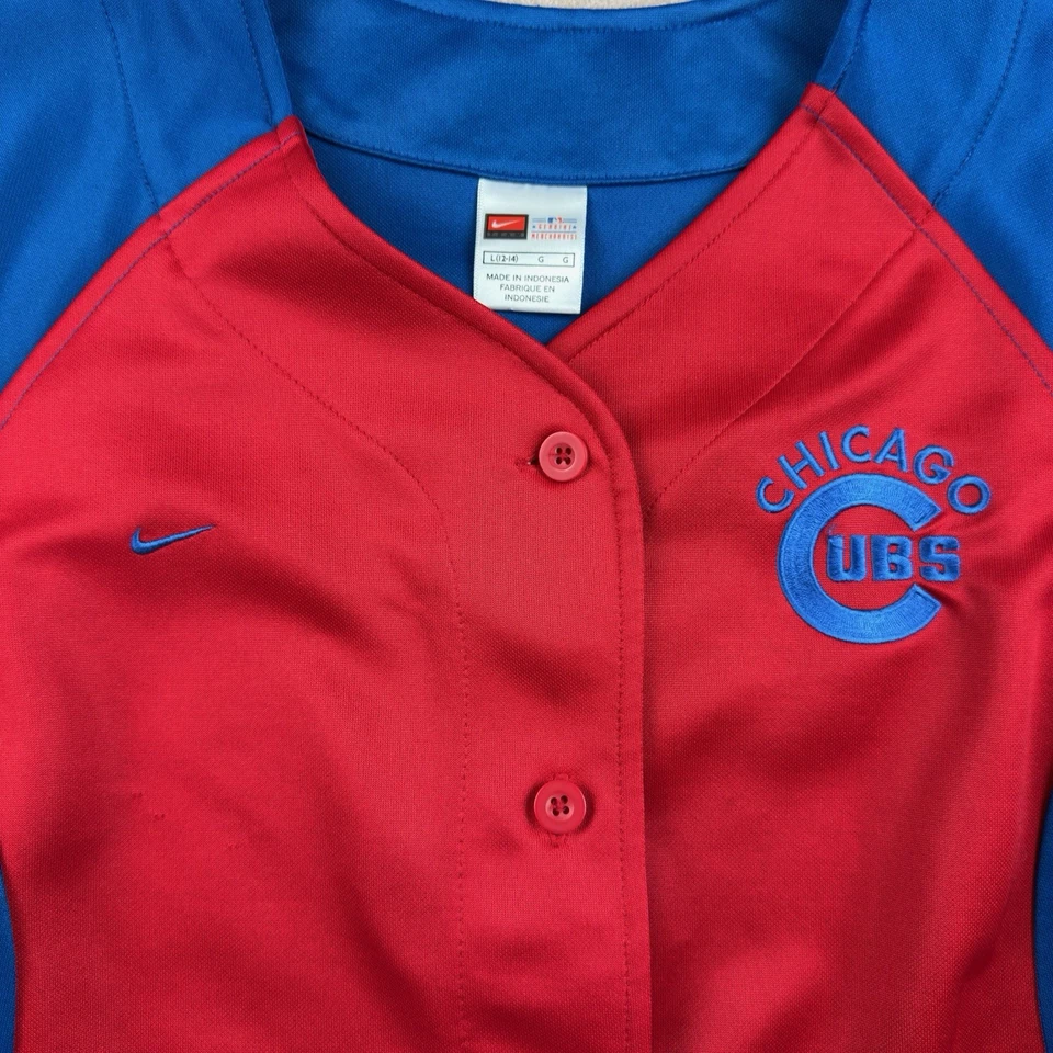 Camiseta Nike Chicago Cubs Niñas MLB Roja Azul Juvenil L 12-14 Botón Delantero Foto 3 de 4