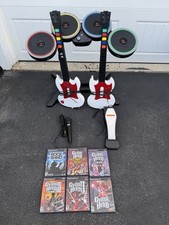 PS2 Guitar Hero Drum Set Bundle 2 Guitars Mic 6 Games Works
