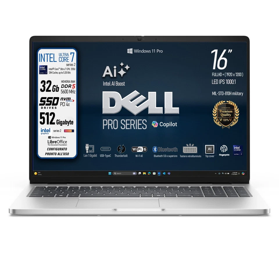 Notebook Workstation Dell PRO16 Ai | Intel® Core™ Ultra 7 255U Ram 32gb W11 Pro