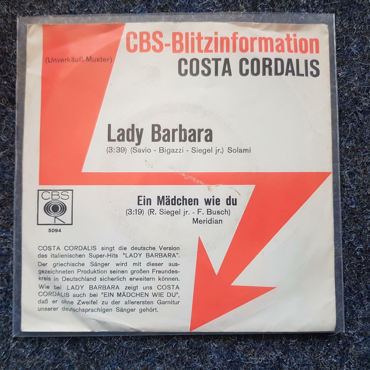 7"" Single Vinyl Costa Cordalis - Lady Barbara PROMO